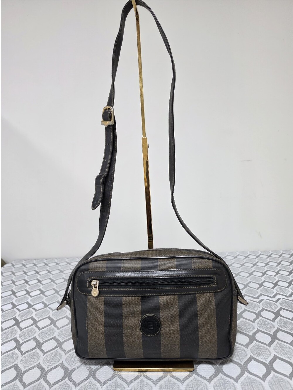 Fendi Vintage Pequin Stripe Crossbody Camera Bag Black/Brown